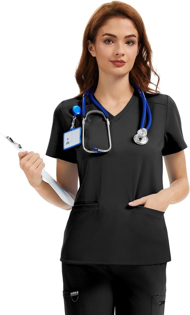Scrub Tops for Women - V-Neck with 2 Pockets, Soft 4-Way Stretch, Anti-Wrinkle & Easy Care for Medical Uniforms (Medium, Black)