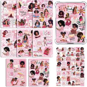 Rngmsi Insert Cardstock for Clear Case - 8Pcs Pink Praying Black Women Cardstock Inserts Compatible with Kindle Paperwhite 11th-12th, 50Pcs Motivational Quotes Stickers for E-Reader Clear Back Cover