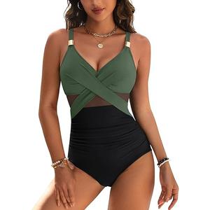Blooming Jelly Womens One Piece Swimsuit Metal Modest Tummy Control Bathing Suit Slimming Full Coverage Mesh Swim Suits L