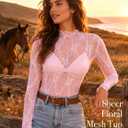 Girece Lace Tops for Women Long Sleeve Mock Neck Mesh Top Sexy Sheer Shirts See Through Floral Blouses (Pink, XL)