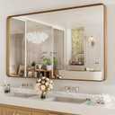 LOAAO 60X28 Inch Bathroom Mirror with Wood Grain Colored Metal Frame, Rounded Rectangle Metal Framed Bathroom Mirror, Anti-Rust, Hangs Horizontally or Vertically, Tempered Glass