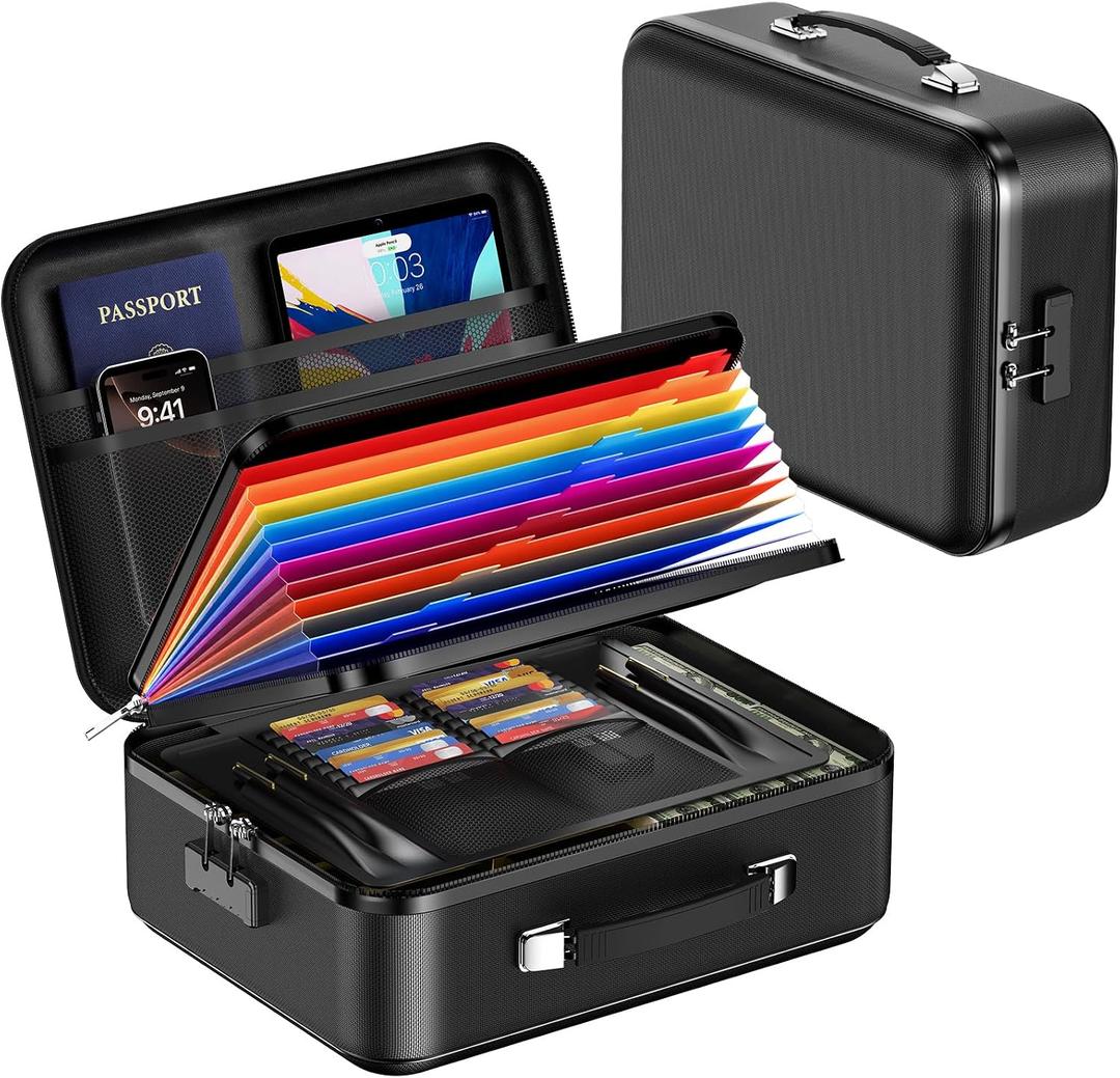Fireproof Document Box with Lock, Waterproof Hard Shell File Organizer with Accordion Folder, Portable Fireproof File Safe Box for Home Office Storage of Documents, Laptop, Cash & Passports, 15" x 12" x 5"