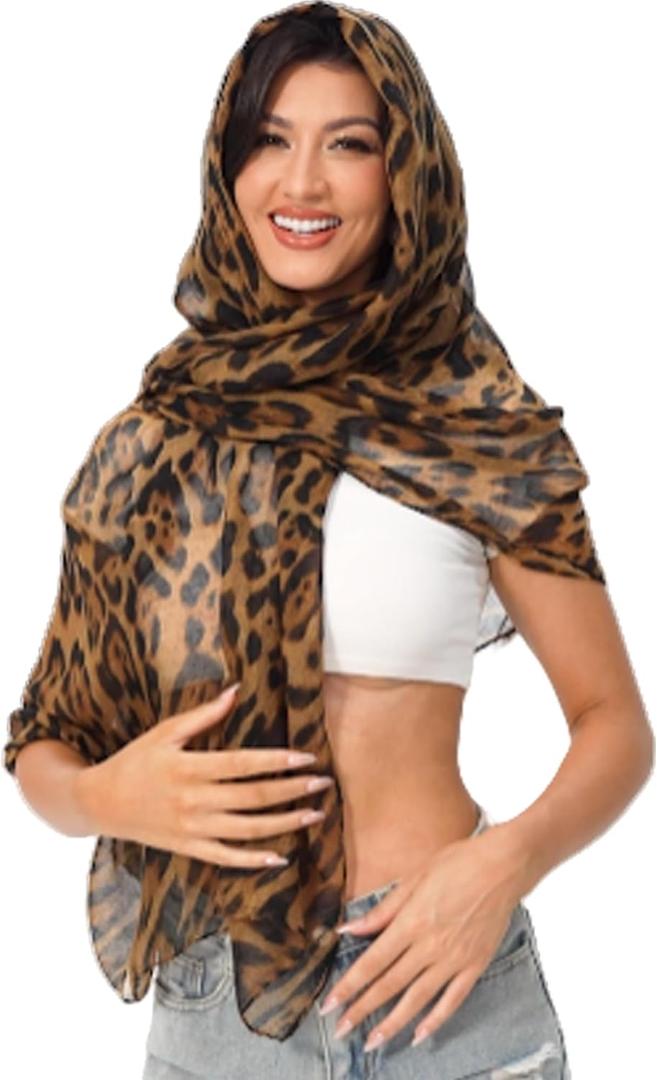 Leopard Print Shawls and Wraps for Women's Cheetah Hijab Scarf Voile Sheer Beach Scarves Sunscreen Head Shawl (Dark Brown)