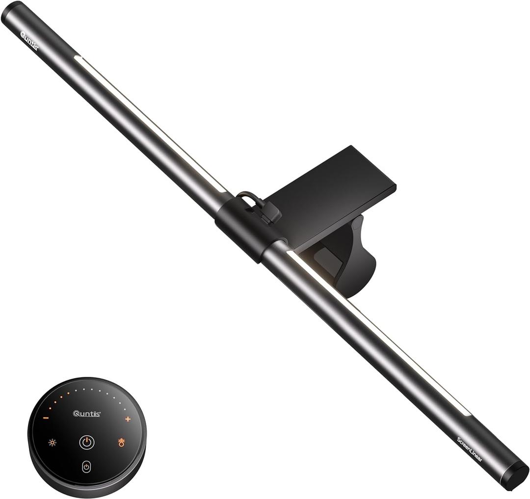 Quntis Monitor Light Bar with Remote, 20.1'' Dual Light Screen Light Bar, Sliding Weighted Clip Fit for All Screens, Adjustable Step less Dimming, Eye Caring No Glare Gaming Work Desk Lamp, Gray