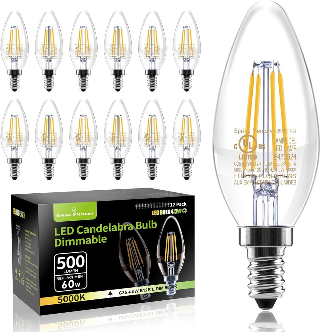 12 Pack E12 Dimmable 60W Equivalent LED Chandelier Light Bulbs, 4.5W Clear 5000K Daylight White 500LM B11 Vintage Filament Candle Light