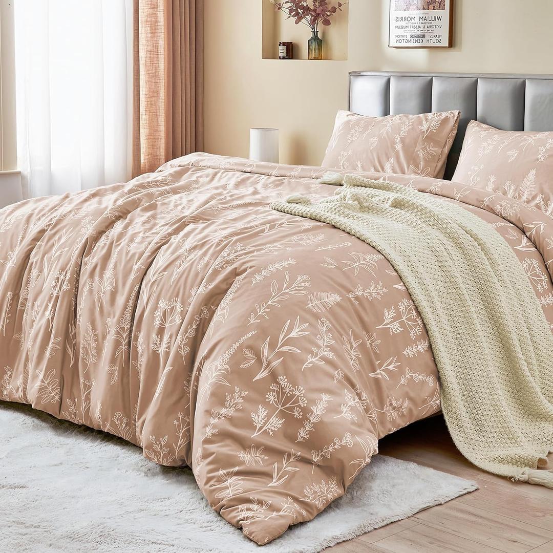 MUXHOMO Duvet Cover Queen Size, Reversible Floral Rosy Gold Duvet Cover Set with Zipper Closure, 3 Pieces Botanical Patterns Soft Microfiber Bedding Set with 4 Ties (90"x90", 2 Pillow Cases) (01 - Rosy Gold Leaves (No Comforter))
