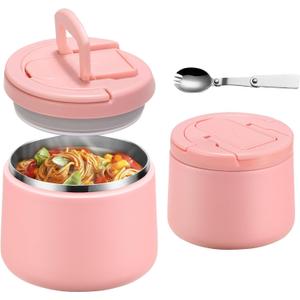 14oz Insulated Vacuum Food Jar with Buckle Lid,Soup Thermo for Hot Food Kids,Wide Mouth Leakproof Stainless Steel Lunch Container with Spoon-Pink