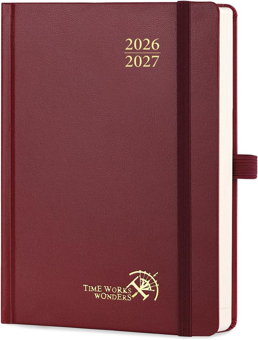 POPRUN 2026-2027 Daily Planner One Page Per Day (Medium - 5.75" x 8.5") - Academic Calendar Book(July 2026 - June 2027), 2026 Day Appointment Book with Pen Holder, Hardcover - Burgundy