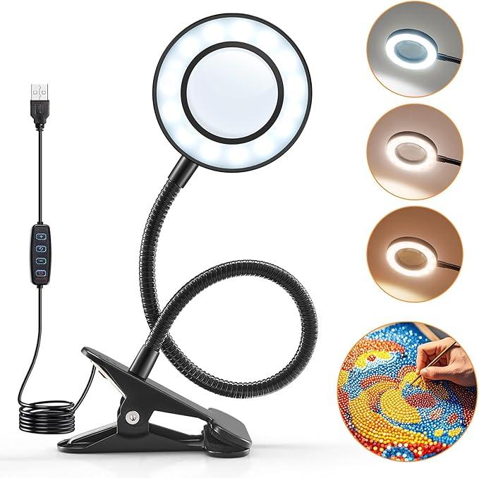10X Lighted Magnifying Glass - 3 Colors & 10 Brightness Clip On Desk Lamp with Clamp Light - 1000 Lumen Hands Free Magnifier