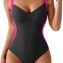 Eomenie Women's Tummy Control One Piece Swimsuit Slimming Color Block Bathing Suit Lace Up Back Swimwear (XX-Large, Black, Hot Pink)