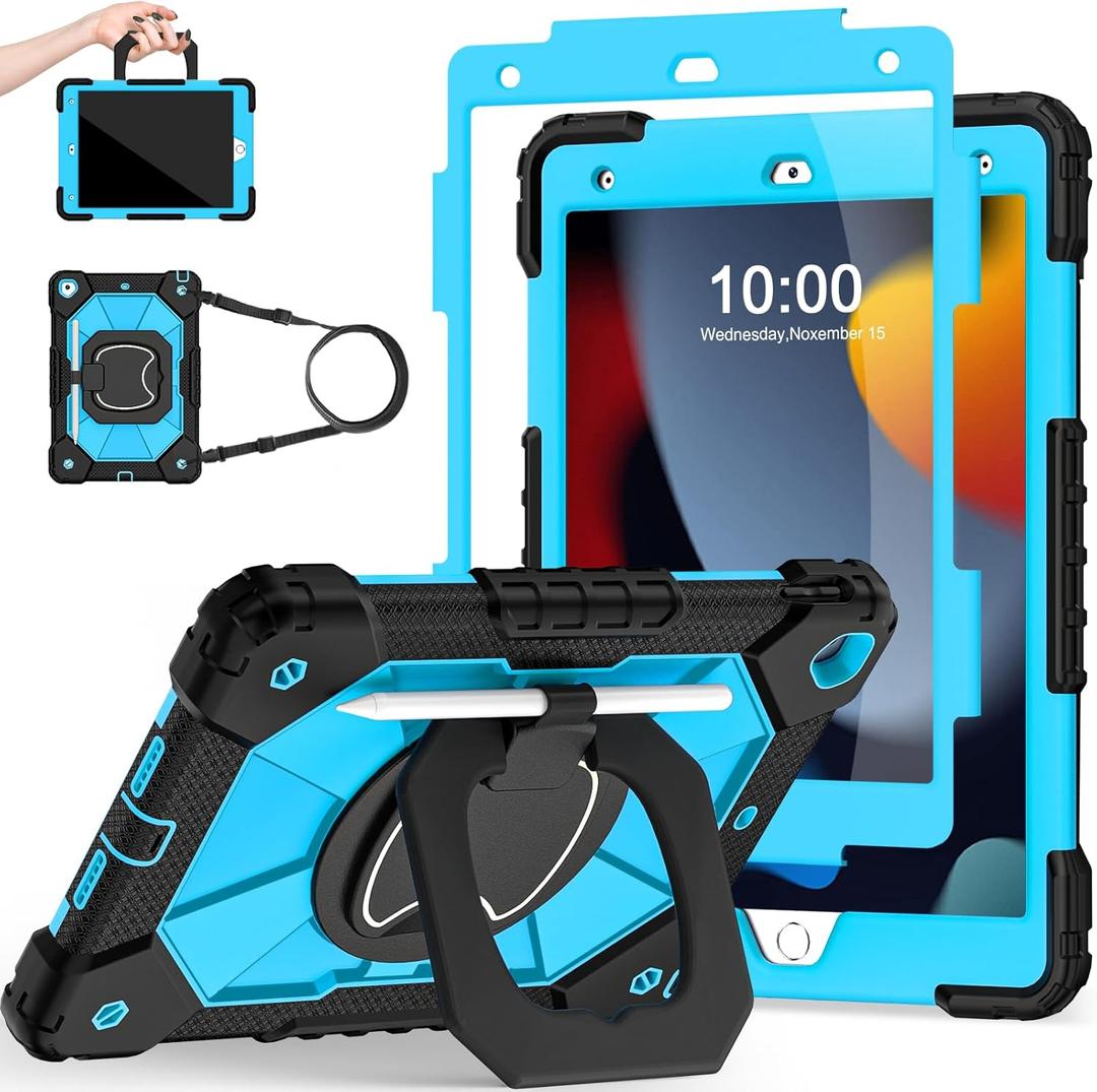 Case for iPad 9th Generation iPad Case 9th 8th 7th Generation iPad 10.2 Inch iPad 9th Gen Cover with Screen Protector Pen Holder TabletCases for Kids 360 Rotating Stand, Black Blue