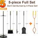 AMAGABELI GARDEN & HOME Fireplace Tools Set 5 Pcs Wrought Iron Indoor with Stand for Fire Place Kit Holder Wood Stove Hearth Accessories Chimney Fire Pit Tongs Shovel Brush Poker Fireset Outdoor Brass
