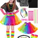 AOTHSO 14 Pieces Girls 80s Outfit Accessories Set Halloween Girls 80s Clothes Costume for Cosplay 1980s Party for Kids (Medium, Rainbow)