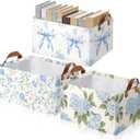 Boao 3 Pcs Blue Hydrangea Bow Storage Bin Flowers Collapsible Large Storage Baskets for Gifts Canvas Laundry Basket Foldable Box with Handle for Office Home Bedroom Clothes (15 x 11 x 8 Inches)