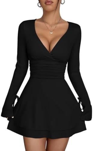 XXTAXN Women's Sexy Wrap V Neck Long Sleeve Flowy Hem A Line Ruched Waist Corest Mini Dress(M)