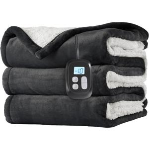 Electric Heated Blanket Twin Size 62"x84", Dual-Sided Soft Flannel & Sherpa, LCD Display 10 Heat Settings with 1-12H Timer & Overnight Safe, Bed & Couch, Machine Washable, Dark Grey