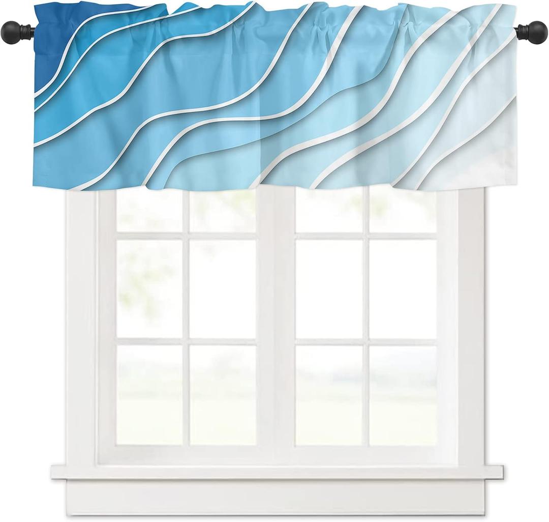 Blue Aqua Ombre Valances for Windows, Kitchen Curtains Window Treatment Decor, Modern Teal Geometric Abstract Aesthetic Cream Rod Pocket Short Window Valances for Living Room/Bedroom, 54" x 18"