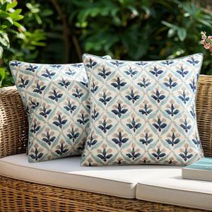 MIULEE Floral Decorative Pillow Covers Set of 2,Block Print Throw Pillowcases Outdoor Boho Farmhouse Vintage Coastal Summer Accent Cushion Covers for Couch paito Garden Sofa Bed 18x18 Inch, Blue Grey
