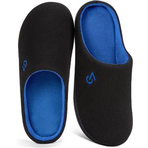 VeraCosy Men's Two-Tone Memory Foam House Slippers Indoor Outdoor Durable Rubber Sole (13-14, Black/Sapphire Blue)