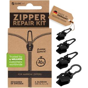 Zlideon Zipper Repair Kit for Narrow Zippers - 4pcs, Black | Instant Zipper Pull Replacement Slider for Dresses, Bedding, Hoodies, Light Jackets, Inner of Handbags | Easy to Install | Made in Germany