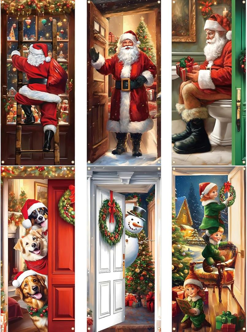 Preboun 6 Pcs Christmas Door Cover Decoration Front Door Backdrop Window Cover House Santa Elves Christmas Outdoor Sign for Home Wall Indoor Party Decorations 78 x 35 Inches