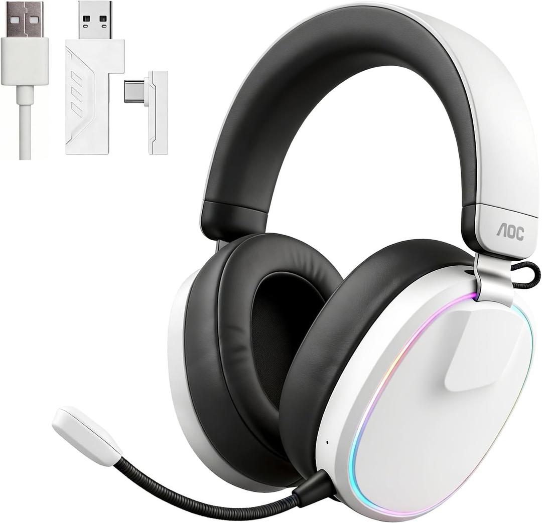 AOC Wireless Gaming Headset with Mic for PS5, PS4, PC - Bluetooth 5.3, 2.4GHz, Passive Noise Cancellation, RGB Lighting, 48H, Over-Ear Gaming Headphone Wired, White ACG3512