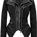 Olivia Miller Women's Fashion Faux Leather Biker Jacket Rivet Lapel Shaping Moto Outerwear (Black)