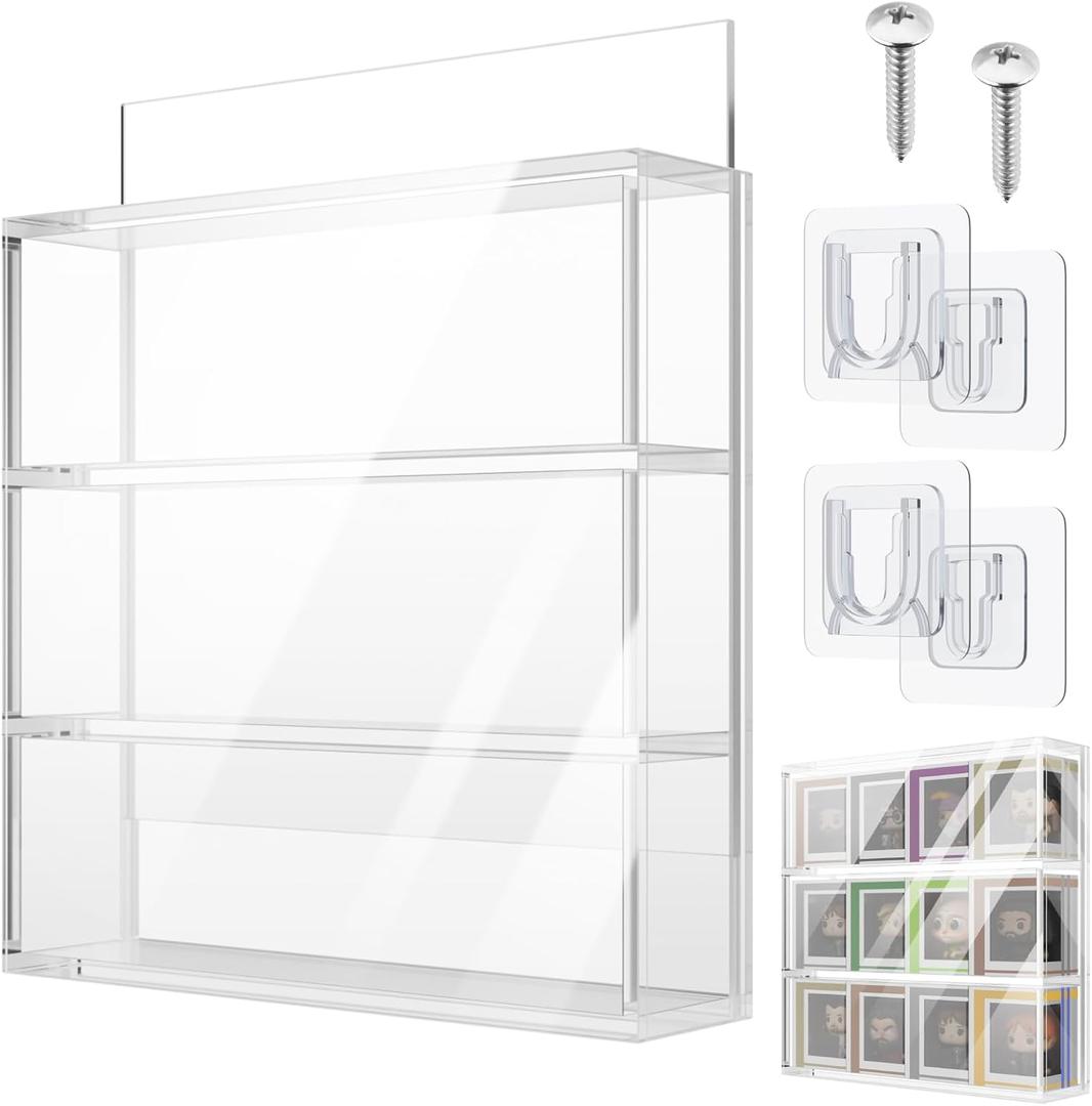Cosmos Acrylic Display Case Clear Display Shelf Compatible with Funko Bitty Pop, 3 Layer Miniatures Figure Display Stand Showcase Wall Mount Dustproof Display Box for Mini Figures Collectibles
