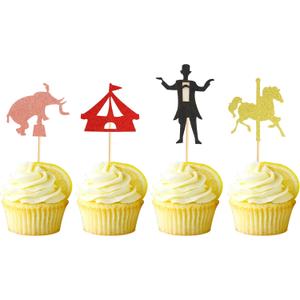 Pack of 48 Circus Theme Cupcake Toppers Glitter Magician Elephant Horse Cupcake Picks Baby Shower Kids Birthday Party Carnival Decorations Cake Decorations Supplies