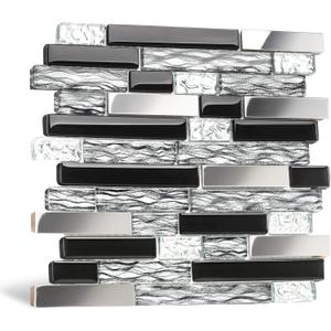 Blujellyfish Glass Metal Tiles Art Mosaic Silk Black Crystal Glass Chrome Silver Steel Accent Wall Border Kitchen Bath Backsplash Tile TSTNB12 (5 Square Feet)