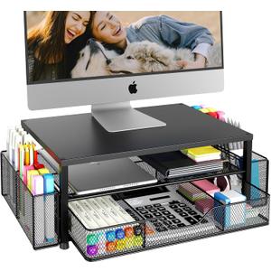 Desk Organizer and Accessories, 2-Tier Computer Monitor Stand with Drawer and 2 Pen Holders, Office Desk Accessories for Office Supplies, Black