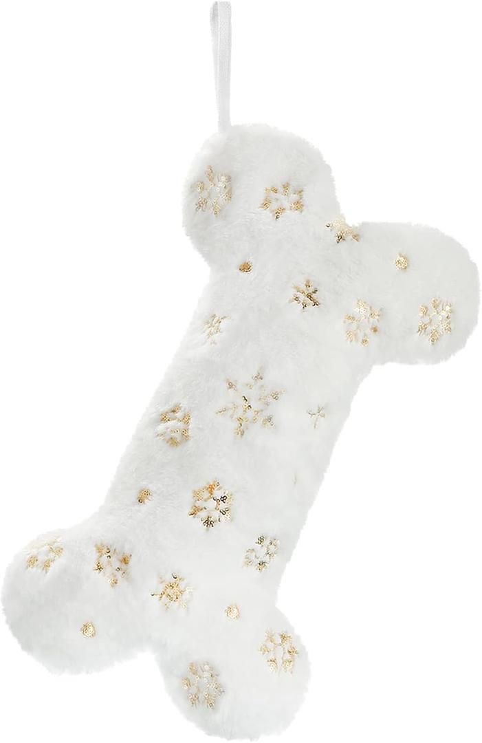 Senneny Snowy White Plush Pet Dog Christmas Stocking, Golden Snowflake Sequin Dog Christmas Stockings Large Bone Shape Faux Fur, Hanging Christmas Holiday Season Party Decor for Pets Dogs