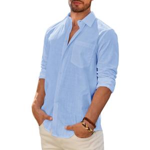 DEMEANOR Mens Linen Shirt Long Sleeve Casual Cotton Solid Regular Fit Wedding Summer Beach Button Down Shirt (XX-Large, Blue)