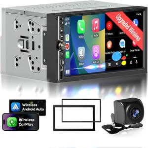 Double Din 7" IPS Car Stereo with Wireless Apple CarPlay & Android Auto Screen, Car Play Radio Audio, 240W, Bluetooth, AHD Backup Camera, USB-C Fast Charging, 16-Band EQ, SWC, MirrorLink Touchscreen