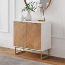 Nathan James Enloe Modern Storage Free Standing Accent Cabinet White with Doors in a Rustic Pine Wood Finish and Gold Powder-coated Metal Base for Hallway, Entryway or Living Room, Brown/White/Gold