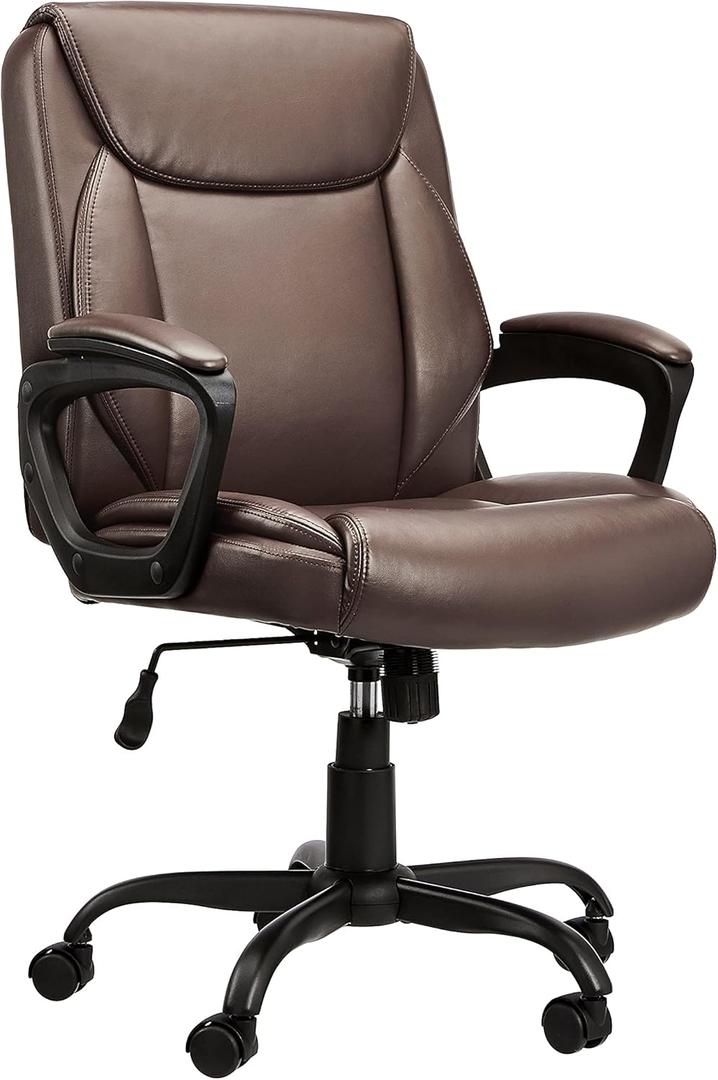 Classic Puresoft PU Padded Mid-Back Height Adjustable Office Computer Desk Chair with Armrest, 25.75"D x 24.25"W x 42.25"H, Brown