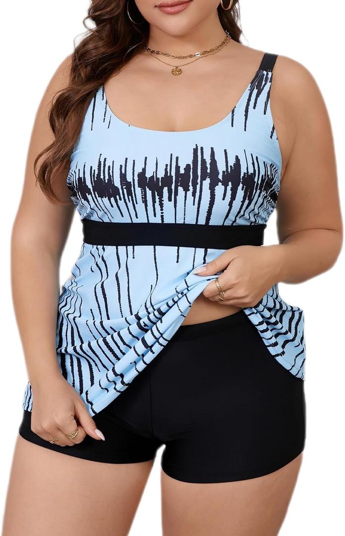 Mooncore Womens Plus Size Tankini Swimsuits Two Piece Tummy Control Bathing Suits Swim Tank Tops with Boy Shorts Swimwear (X-Large Plus, Blue&black Stripes)