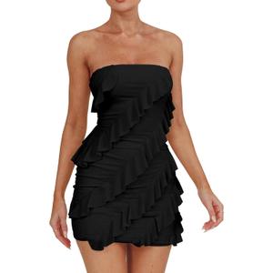HOCILLE Women's Sexy Strapless Tube Top Bodycon Sleeveless Ruffle Mini Party Dress (Medium, Black)