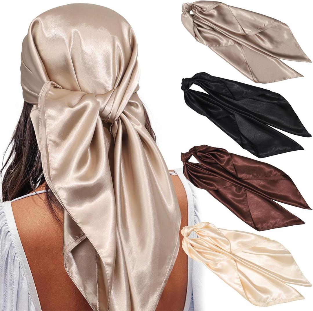 AWAYTR 35 Satin Large Square Head Scarves - 4PCS Silk Like Neck Scarf Hair Sleeping Wraps Satin Silk Scarfs for Women (Neutral-color)