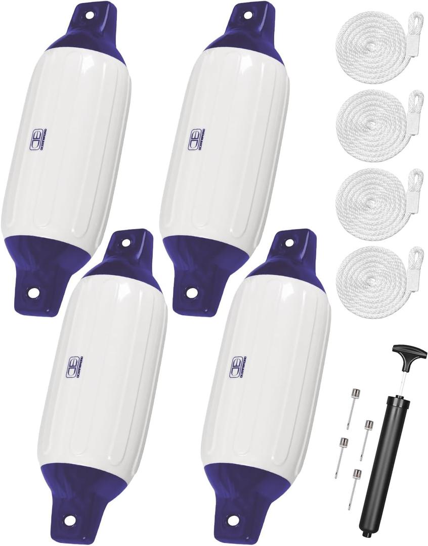 OCEANBROAD Boat Fenders 4 Pack, Inflatable Ribbed Boat Bumpers for Docking with 4 Ropes, Pump & Needles, PVC Fenders, Reinforced Dual Eyelets for Vertical/Horizontal Hanging, UV Resistant