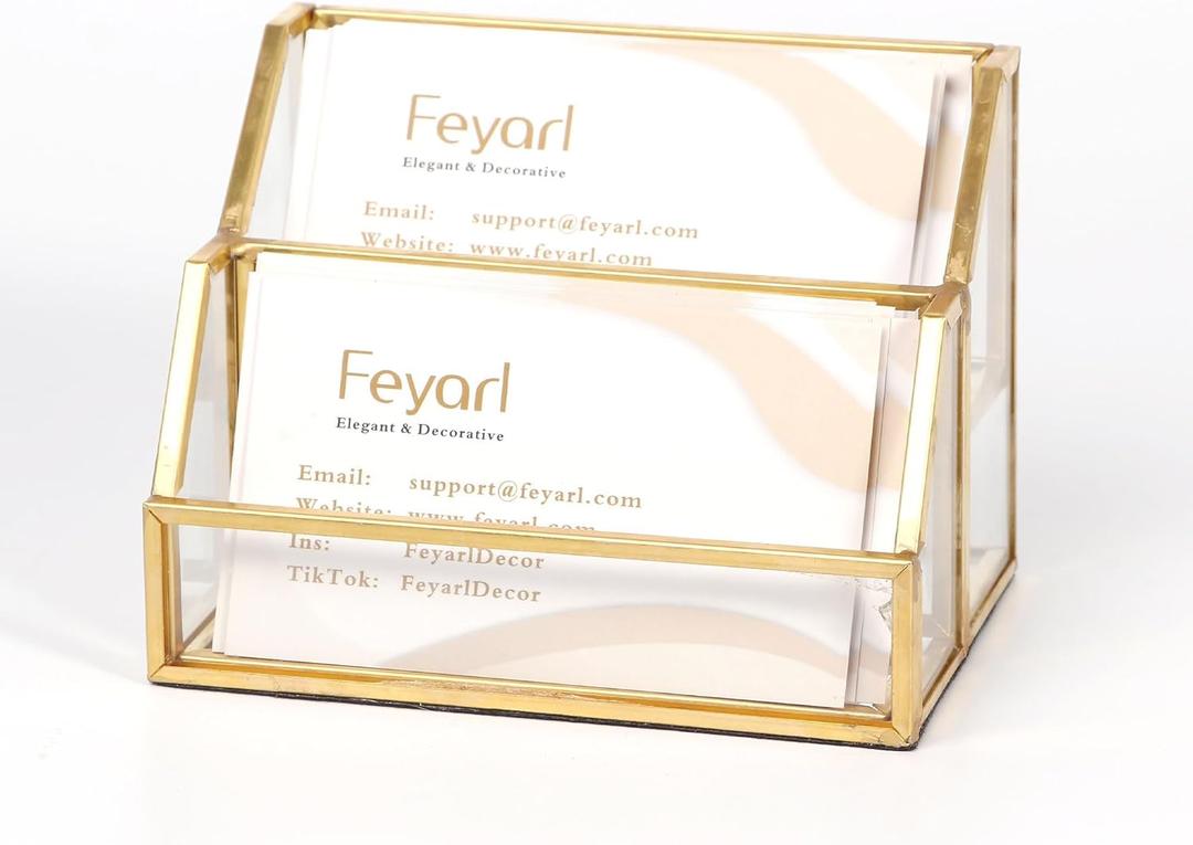 Feyarl Gold Glass Business Card Holder 2 Slots Name Cards Display Stand Business Cards Organizer Storage for Office Meeting Front Desktop Countertop
