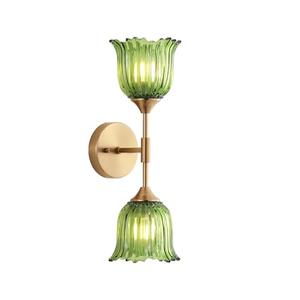 BYOLIIMA 2-Lights Gold Wall Sconce with Green Glass Shades Modern Mid Century Bathroom Vanity Wall Light Fixtures Industrial Brushed Brass Wall Lamp for Bedroom Mirror Living Room