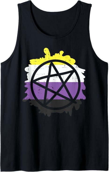 Pentagram Satanic Goth LGBTQ Non-Binary Flag Genderqueer Tank Top, M, Black