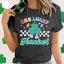 St Patrick's Day Shirt Women One Lucky Teacher Green Shamrock Graphic Tees Teacher Shirts Lucky Irish Tops (Gray, S)