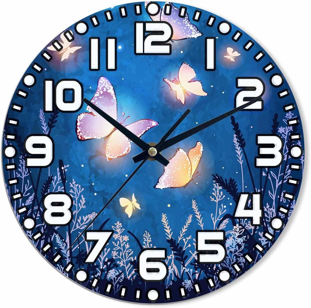 Glowing Butterflies Wall Clock 10 inch Round Silent Non Ticking Wood Wall Clocks Battery Operated Easy to Read Decorative Wall Clock for Bedroom Kitchen Living Room Bathroom