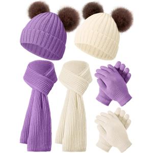 JaGely 2 Sets Kids Winter Hat Gloves Scarf Set Girls and Boys Knit Hat with Pom Warm Scarf Snow Gloves for 3-10 Years Toddler