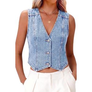 ELLEVEN Women’s Denim Vest V-Neck Crop Jean Vest Top Sleeveless Y2K Button Denim Jacket Summer Country Outfits (Blue, S)