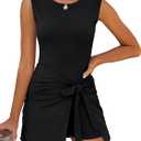 Caracilia Women Summer Sleeveless Bodycon Tie Cinched Waist Romper Skort Mini Dress Built in Shorts Night Out Vacation Dress (Black, L)