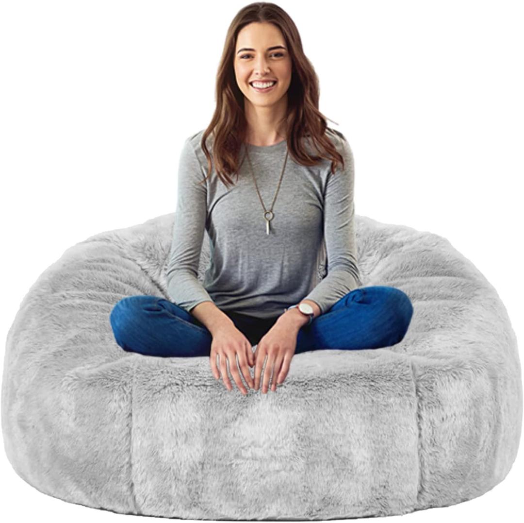 Taotique 4FT Giant Bean Bag Chair Cover (Cover only, No Filler) Soft Faux RH Fur Sofa Bed Washable Bean Bag Couch Cover for Adult and Kids with Liner (Light Gray)