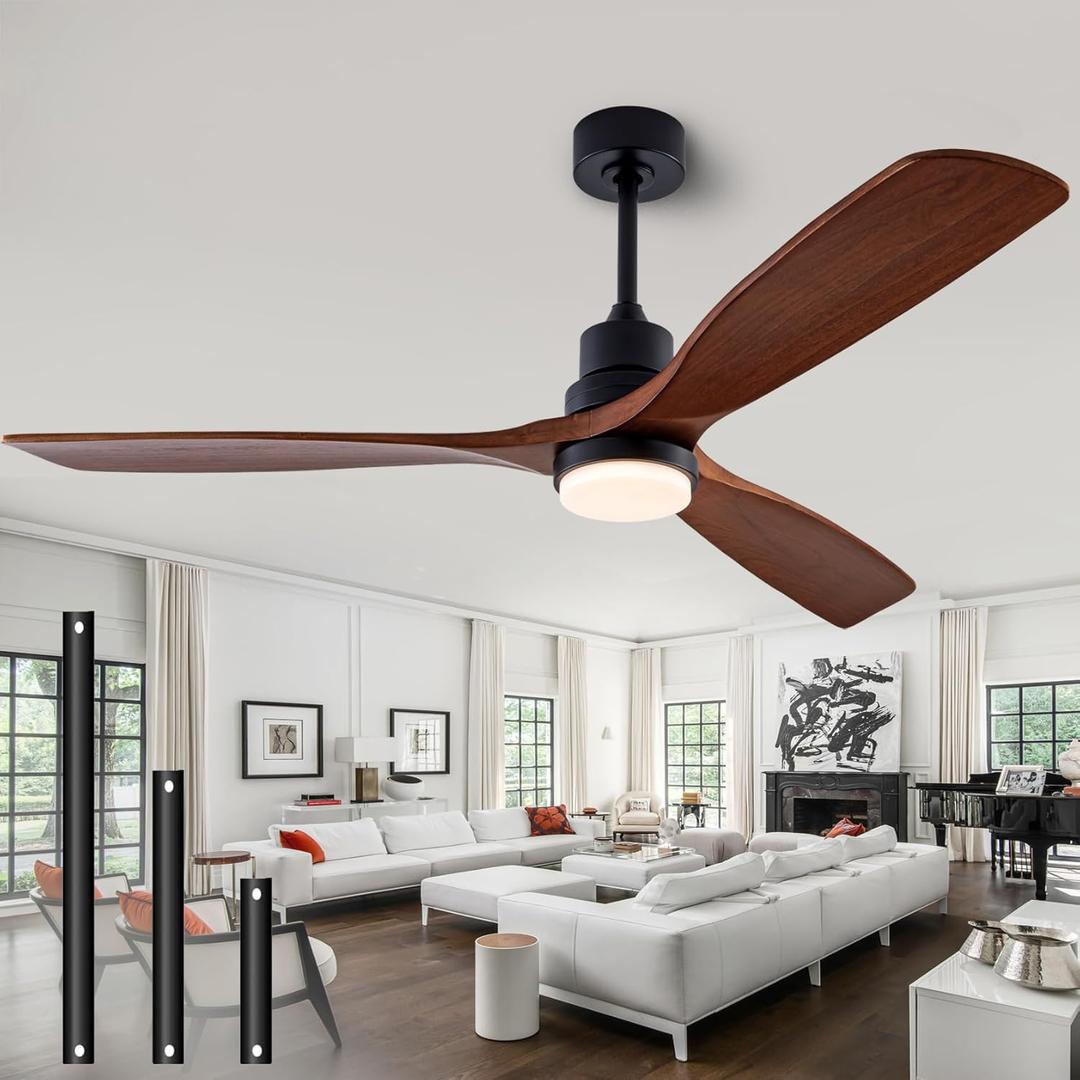 56" Wood Ceiling Fan with Light and Remote Control, Indoor Outdoor Wooden 3 Blades Ceiling Fan for Patio Living Room, Bedroom, Office,Reversible DC Motor(Black+Dark Walnut) (56 inch with Light, Black+Dark Walnut/B)